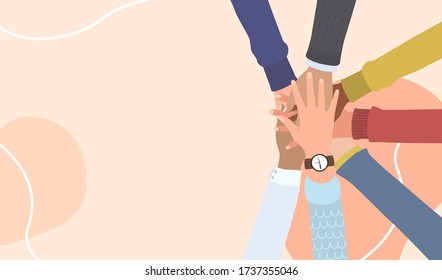 Diverse team putting their hands together, Friends with stack of hands showing unity and teamwork, top view. Vector flat illustration, Concept of cooperation, partnership, togetherness, agreement.