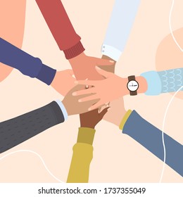 Diversos equipos uniendo sus manos, Amigos con pila de manos mostrando unidad y trabajo en equipo, vista superior. Ilustración vectorial plana, Concepto de cooperación, asociación, unión, acuerdo.
