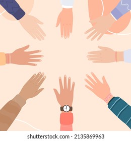 Diverse team putting their hands together, Friends with stack of hands showing unity and teamwork, top view. Vector flat illustration, unity,  partnership, agreement, Teamwork concept.