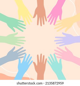 Diversos equipos uniendo sus manos, Jóvenes uniendo sus manos. Amigos con pila de manos mostrando unidad y trabajo en equipo, vista superior. Ilustración plana vectorial, Concepto de cooperación