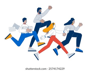 Diverse team running energetically towards goal 2D illustration concept. Teamwork, ambition. Colleagues collective effort cartoon characters isolated on white. Metaphor abstract flat vector graphic