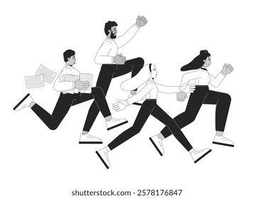 Diverse team running energetically towards goal black and white 2D illustration concept. Teamwork, ambition. Colleagues collective effort outline characters isolated. Metaphor monochrome vector art