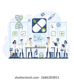 Un equipo diverso de científicos y médicos que llevan a cabo investigaciones biomédicas y farmacéuticas en un laboratorio, centrándose en el ADN, la medicina herbaria y el desarrollo de medicamentos.