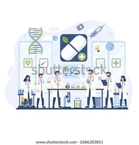 A diverse team of scientists and doctors conducting biomedical and pharmaceutical research in a laboratory, focusing on DNA, herbal medicine, and drug development.