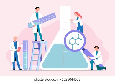 Un equipo diverso de científicos que trabajan juntos en un experimento de tubos de ensayo gigantes, que simboliza el trabajo en equipo en la investigación. Ilustración vectorial.