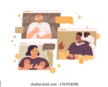 Diverse team talking online meeting vector flat illustration. Man and woman having corporate online discussion isolated. Smiling people work remotely. Concept of videoconference and web communication