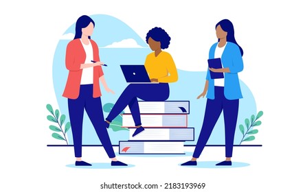 Diverso equipo de mujeres - Mujeres de negocios de diferentes etnias trabajando y haciendo trabajo en equipo. Ilustración vectorial de diseño plano con fondo blanco