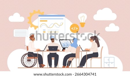 Diverse team working collaboratively on laptops at a table, with visual elements representing data analysis, coding, idea generation, and problem-solving in a modern, inclusive workspace.