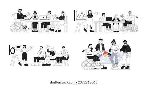 Diverse team works together black and white cartoon flat illustration set. Diversity coworkers linear 2D characters isolated. Inclusion workplace teamwork monochromatic scenes vector image collection