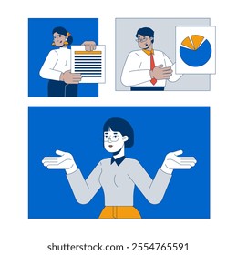 Diverse teamwork analytics 2D illustration concept. Marketing team. Multiracial coworkers analysis charts presentation cartoon characters isolated on white. Metaphor abstract flat vector graphic