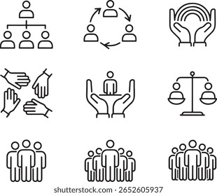 Diversas Dinâmicas de Trabalho em Equipe Apresentando Estrutura Hierárquica, Colaboração Circular e Mãos de Apoio Simbolizando Unidade, Equidade e Força Coletiva dentro de um Grupo Engajado de Pessoas trabalhando 