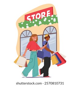 Diverse teenagers enjoying shopping together walking on city street with fashion store buildings cartoon scene. Teen boy and girl carrying lots of paper bags with purchases vector illustration