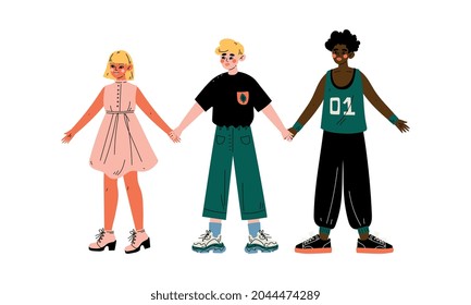 Diverse Teenagers Standing Together Wearing Trendy Clothing Holding Hands Vector Illustration