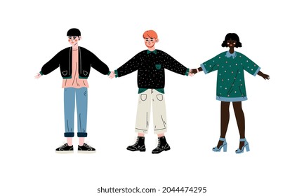 Diverse Teenagers Standing Together Wearing Trendy Clothing Holding Hands Vector Illustration