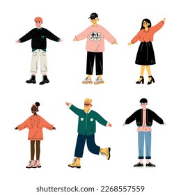 Diverse Teenagers Standing and Wearing Trendy Clothing Vector Set