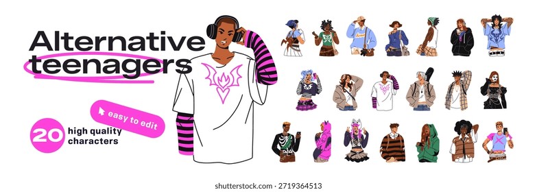 Diversos adolescentes con diferentes estilos establecidos. Adolescentes con trajes alternativos. La juventud moderna. Niñas y niños con varias ropas de moda. Moda hombres jóvenes, mujeres. Ilustraciones vectoriales aisladas planas en blanco