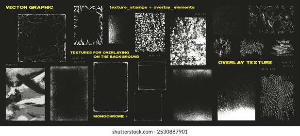 Texturas diversificadas para efeito de sobreposição, texturas vintage, concreto, poeira, grãos, papel usado e outros. Carimbos de sobreposição, quadros gráficos texturas grunge. Meio-tom e selos monocromáticos. Conjunto de gráficos vetoriais