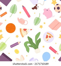 Diverse things. Food and drink, office tools and plants. Book, coffee and flat leaves, print for cloth. Money, yellow star, piggy bank vector seamless pattern