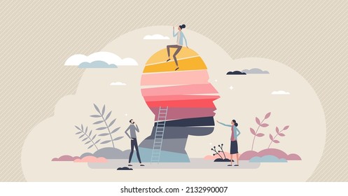 Diverse thinking and various viewpoint for situation tiny person concept. Open minded individual with different opinions and thoughts vector illustration. Social cognition difference with mind doubts.