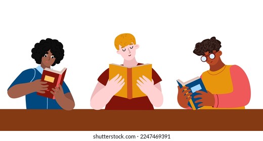 Diverse of three guys are reading books. Young multi-culture people: african, hispanic, indiian, caucasian sit in literature club. Vector illustration in cartoon style