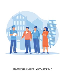 Diverse tourists on vacation in Pisa, Italy. Listen to a guide talking about a famous monument. Tourist Guide concept. trend modern vector flat illustration