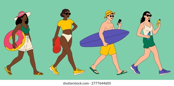 Diverse Tourists Walking with Beach Accessories