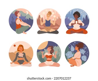 Diverse Tranquil Man and Woman with Crossed Legs Meditating in Yoga Posture or Asana Vector Set