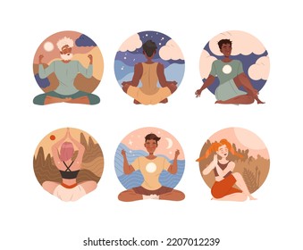 Diverse Tranquil Man and Woman with Crossed Legs Meditating in Yoga Posture or Asana Vector Set