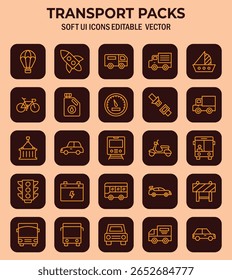 Diverse transport vector icon set offering a wide range of vehicles and travel related symbols for design projects