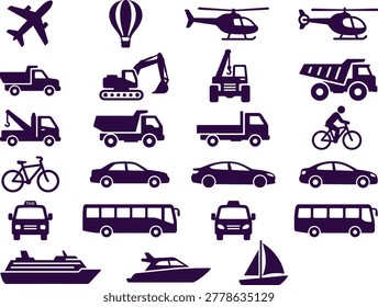 Diverse transportation icons collection featuring airplanes hotairballoons helicopters trucks constructionmachinery cars bicycles buses boats sailboats in monochromatic flatdesign style with highcontrast