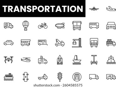 Diverse transportation icons in a minimalist style, showcasing various vehicles.