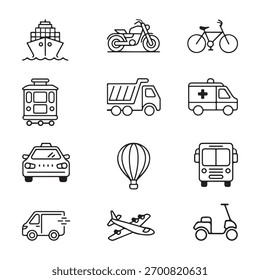 Ícones de transporte diversificados com vários veículos para viagens, logística e transporte público.