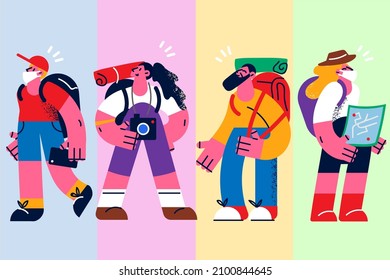 Diverse travelers with backpacks and cameras ready for new trip or journey. Men and women tourists with maps and cams ready for travel abroad. Adventure during covid-19 times. Vector illustration. 