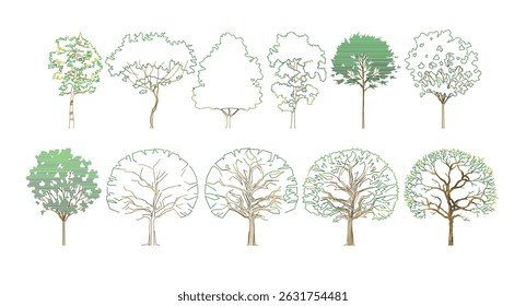 Diverse tree drawings. Various forms, foliage details. Ideal for architectural landscape design CAD blocks.