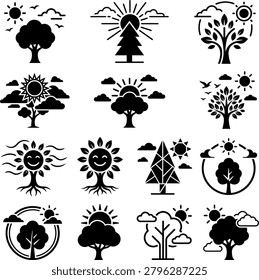 Diverse tree symbols including foliage plants sunrays and landscape elements. Flat vector graphics for outdoor design.