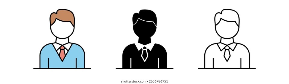 Un trío diverso de profesionales de negocios que presentan diferentes estilos en trajes y corbatas, simbolizando la unidad y la colaboración.