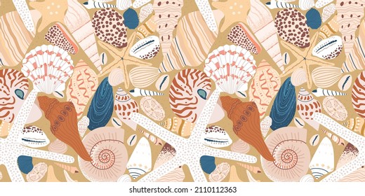 Diverse tropical beach sea shell seamless pattern. Summer marine animal background design. Vacation travel concept. Ocean snail collection flat cartoon backdrop illustration.