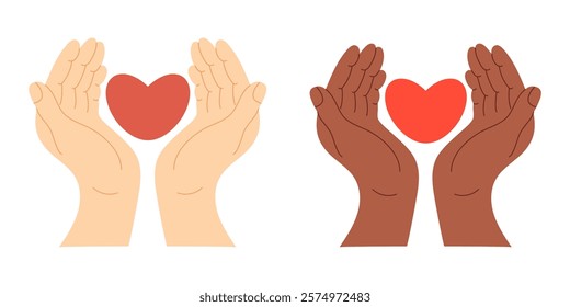 Diverse Two hands with palms facing upwards, holding red heart. Symbolizing care, love and support, compassion, warmth and charity. Vector illustration flat style