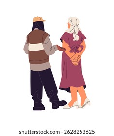 Diverse two people in stylish clothes standing together back view. Interracial couple in street fashion outfits backside. Woman in cute dress with friend. Flat isolated vector illustration on white