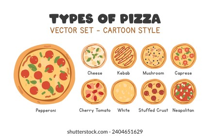 Diverse Types of Pizza Vector Set. Pepperoni, Cheese, Kebab, Mushroom, Caprese, White, Cherry Tomato, Neapolitan Pizza Clipart Cartoon Style Flat Vector Design. Explore the Flavorful Variety