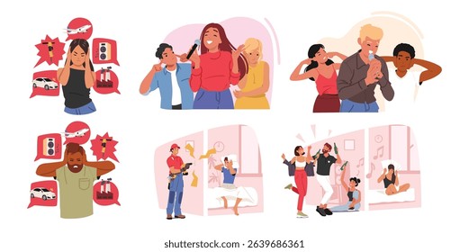 Diverse unhappy people characters suffering from noise pollution feeling anxiety and annoyance covering ears cartoon scene. Loud singing, uproar of big city, noisy neighborhood vector illustration