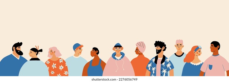 Diverse Unique Self. Group of diversity people in trendy hipster clothes. Cartoon vector illustration isolated on pink background. Pattern for site, social, article, book, banner. 