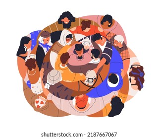 Diversos grupos de personas unidas se abrazan juntos, vista superior. Comunidad social, unidad multiétnica por encima de todo. Solidaridad, apoyo, concepto de amor. Ilustración vectorial gráfica plana aislada en fondo blanco