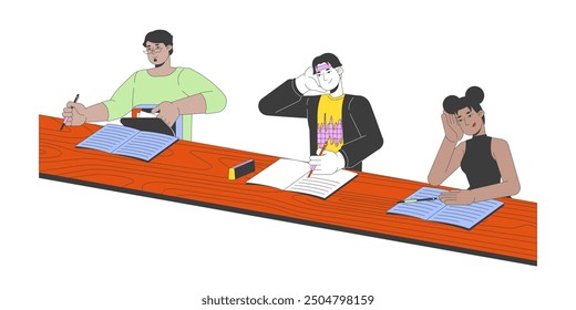 Diverse university classmates listening to lecture 2D cartoon characters. Course taking. Multinational young adults isolated flat vector people white background. College class color spot illustration