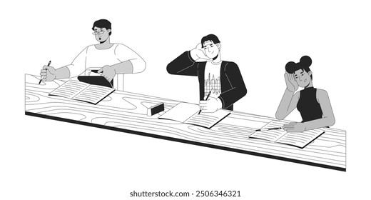 Diverse university classmates listening lecture black and white 2D line cartoon characters. Course taking. Multinational isolated vector outline people. College class monochromatic spot illustration