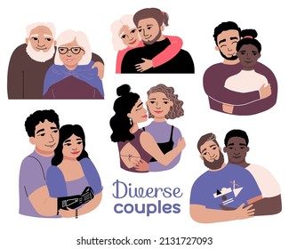 Diverse usual, homosexual and heterosexual couples set.  Inclusion. Cuddling. Vector