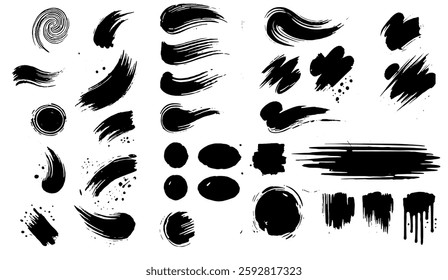 Diverse vector brush stroke collection showcases artistic and abstract grunge textures for graphic design and creative projects emphasizing hand-drawn feel