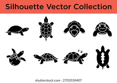 A diverse vector collection of black turtle and tortoise silhouettes in various poses, including hatching and sleeping.