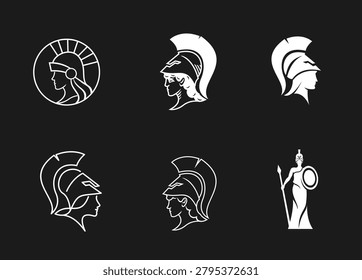 A diverse vector collection featuring iconic ancient Greek and Roman warrior helmet profiles and the goddess Athena, rendered in various artistic styles.