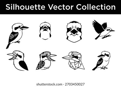 Diversa colección de Vector de siluetas de aves de Kookaburra, con varias poses y estilos artísticos para proyectos de diseño.